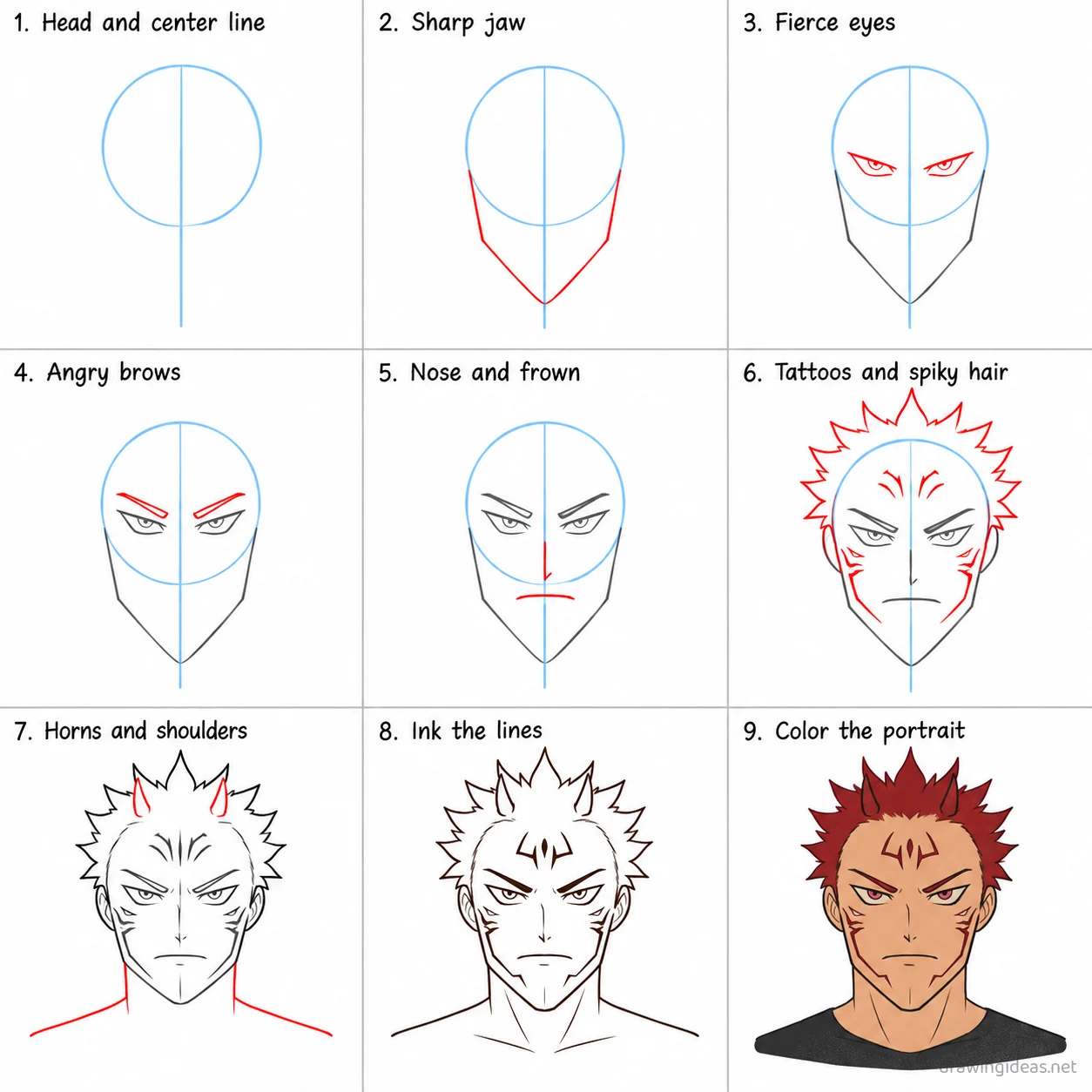 How to draw Sukuna step by step — 9-step Sukuna drawing tutorial sheet