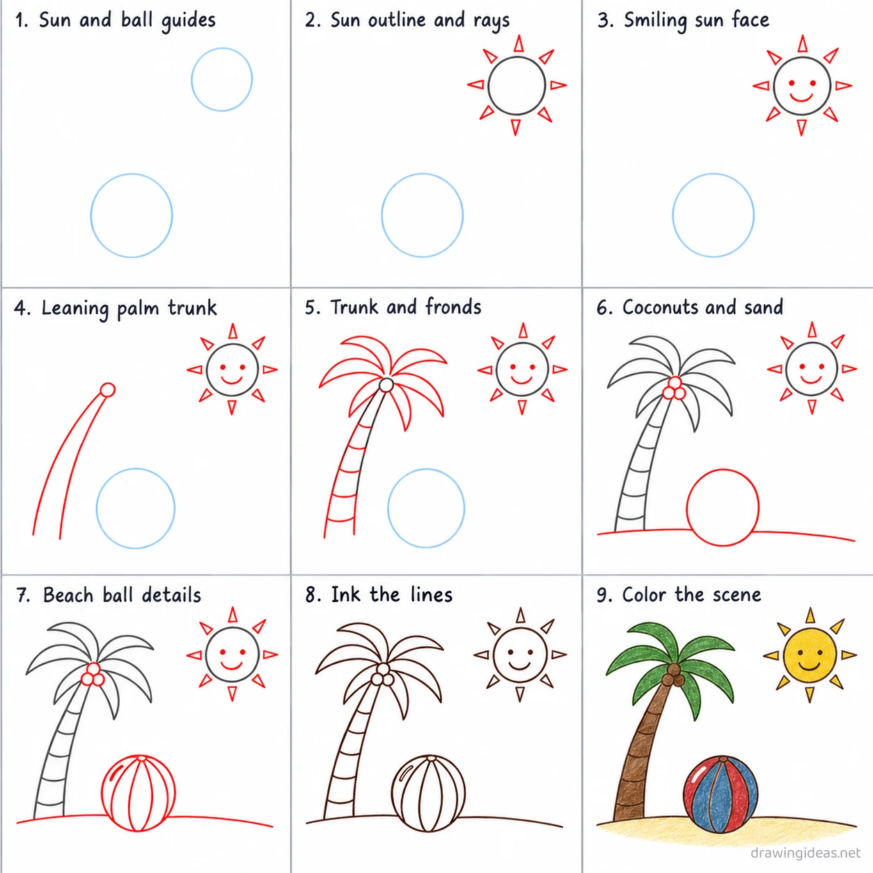 How to draw summer step by step — 9-step summer drawing tutorial sheet