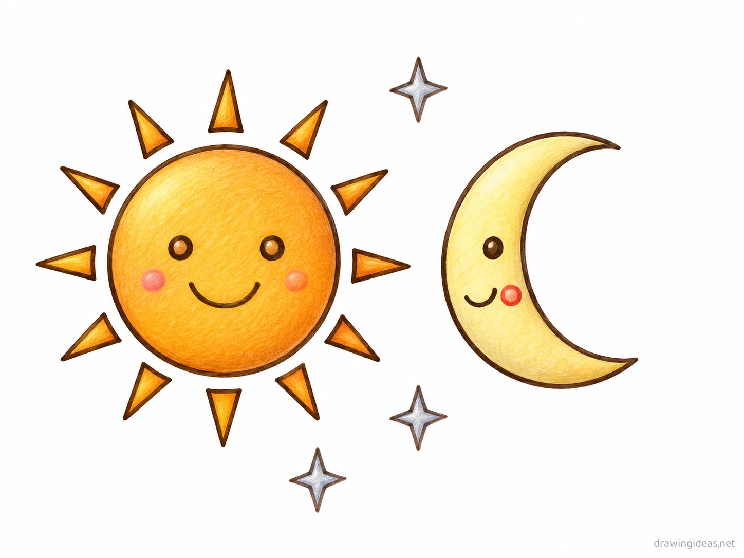Sun and Moon drawing — hand-drawn sun and moon illustration with ink lines and soft colors