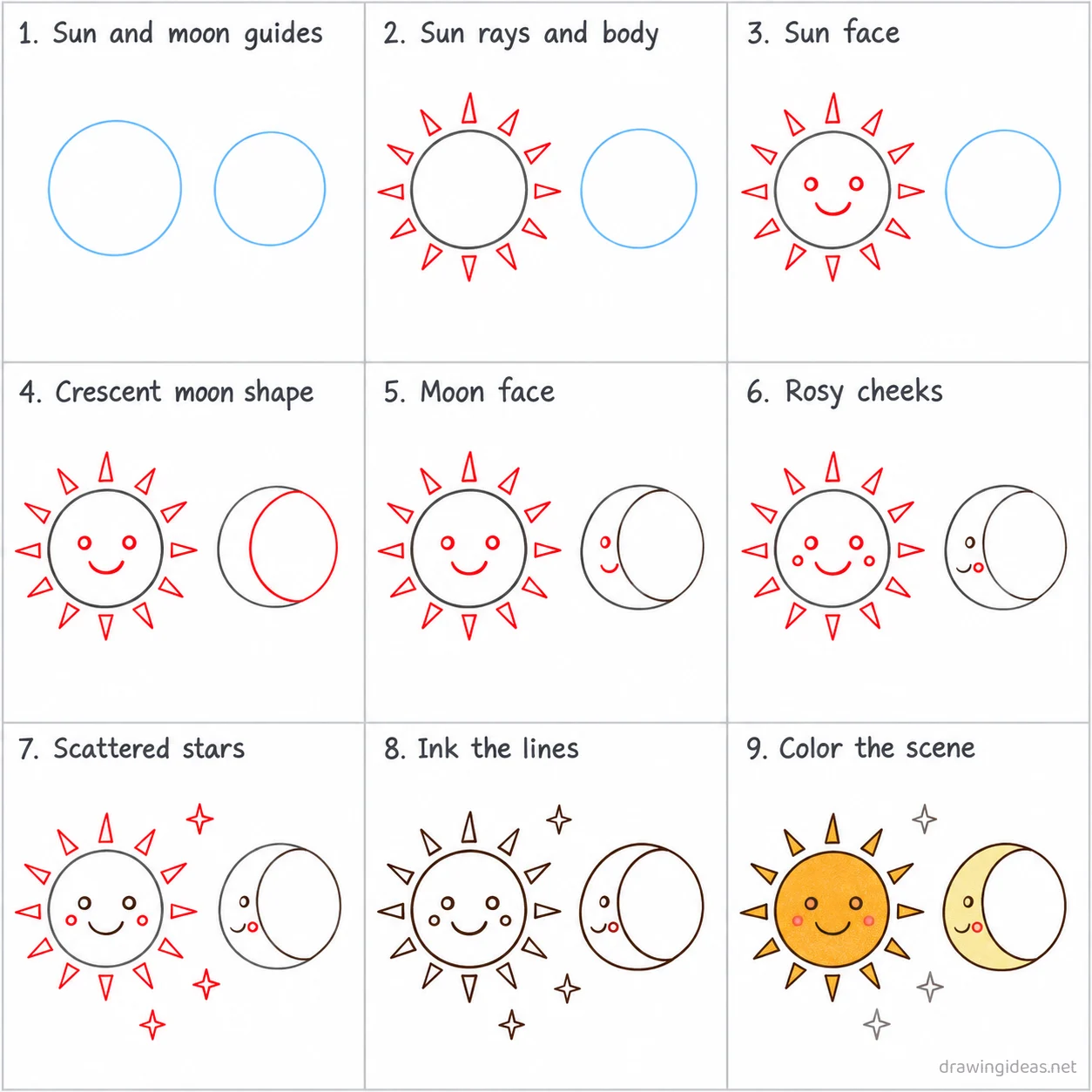 How to draw a sun and moon step by step — 9-step sun and moon drawing tutorial sheet