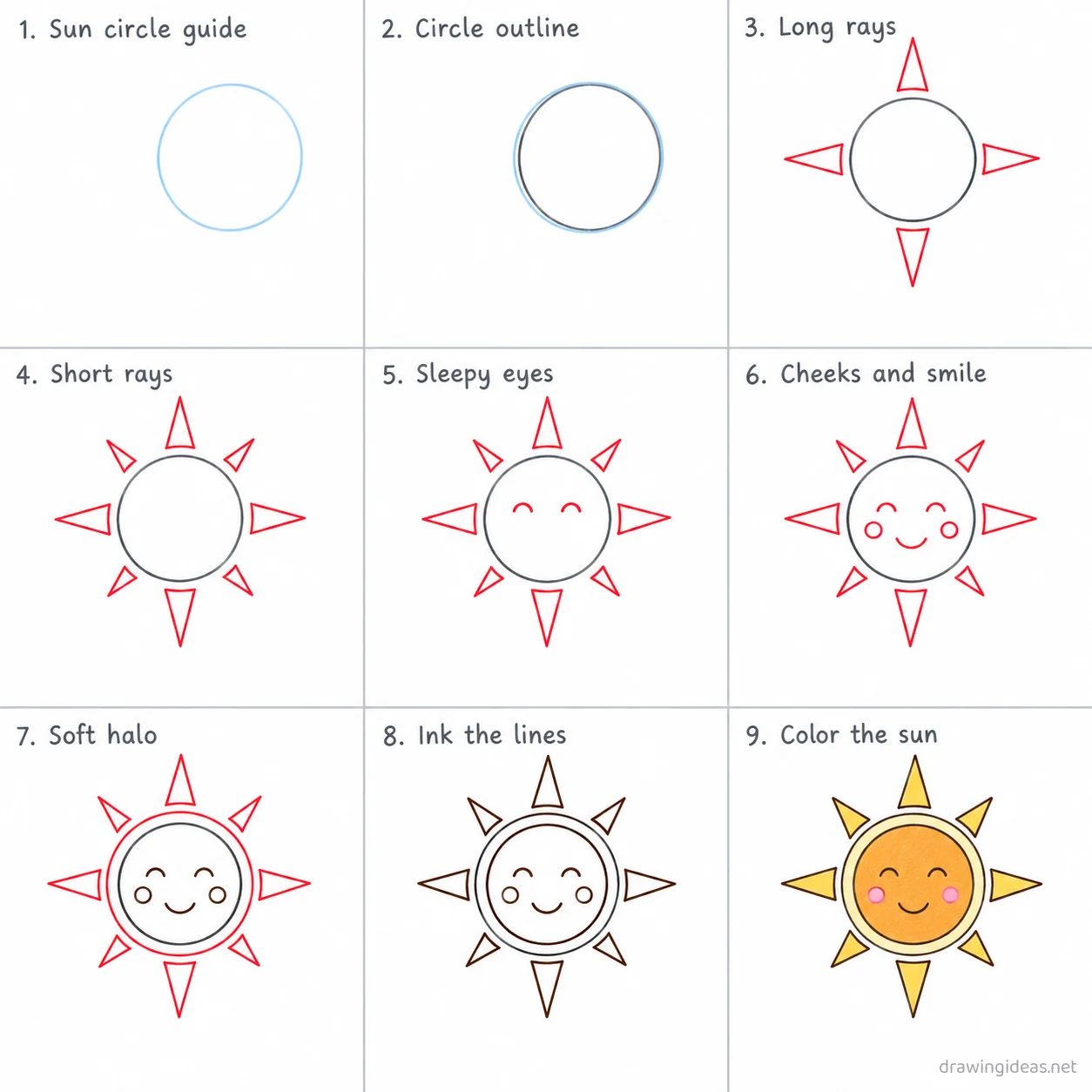 How to draw a sun step by step — 9-step sun drawing tutorial sheet