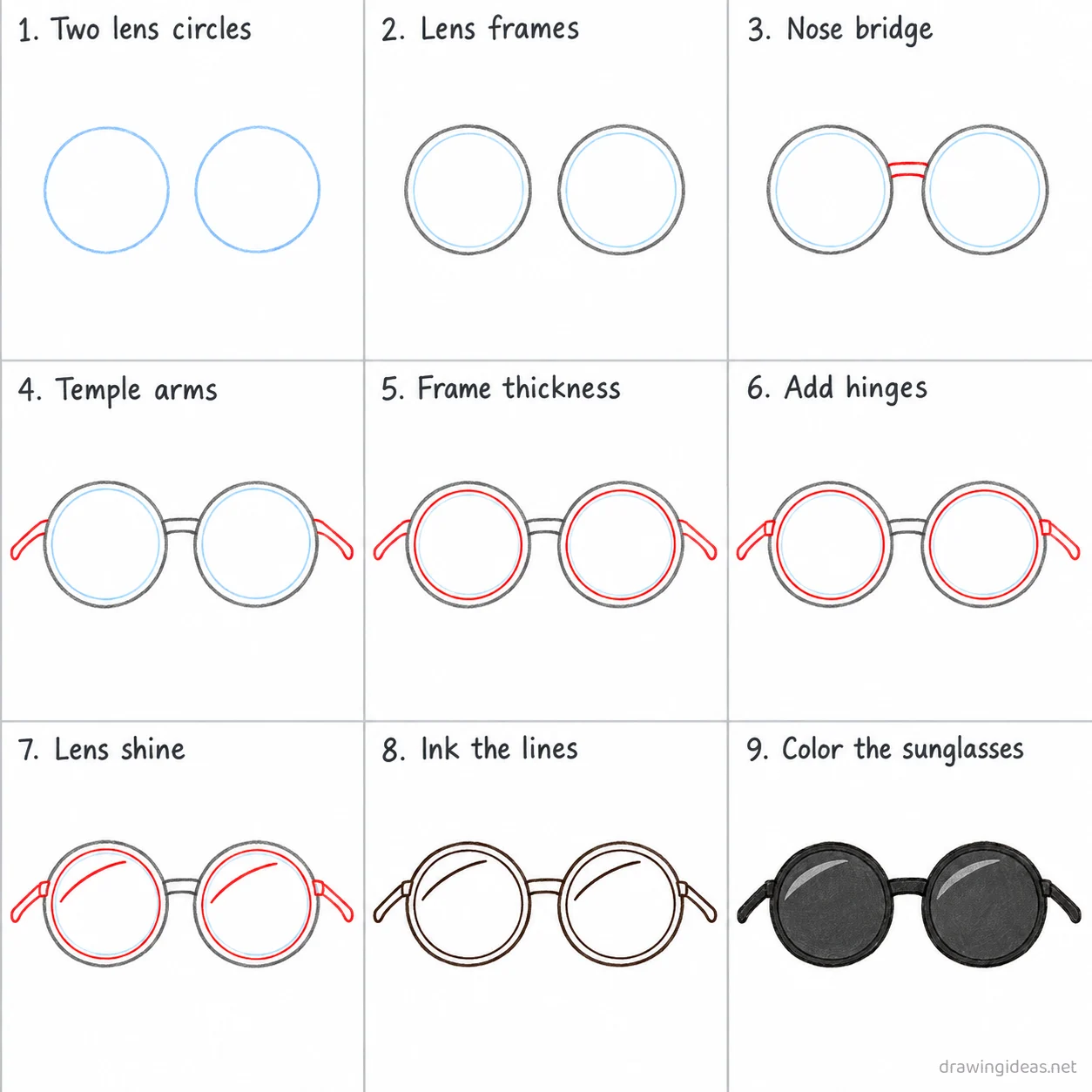 How to draw sunglasses step by step — 9-step sunglasses drawing tutorial sheet