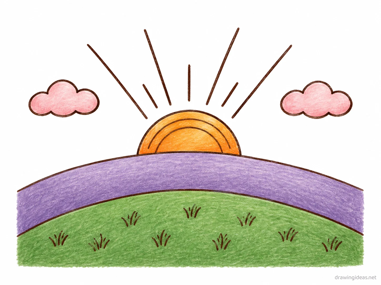 Sunrise drawing — hand-drawn sunrise illustration with ink lines and soft colors