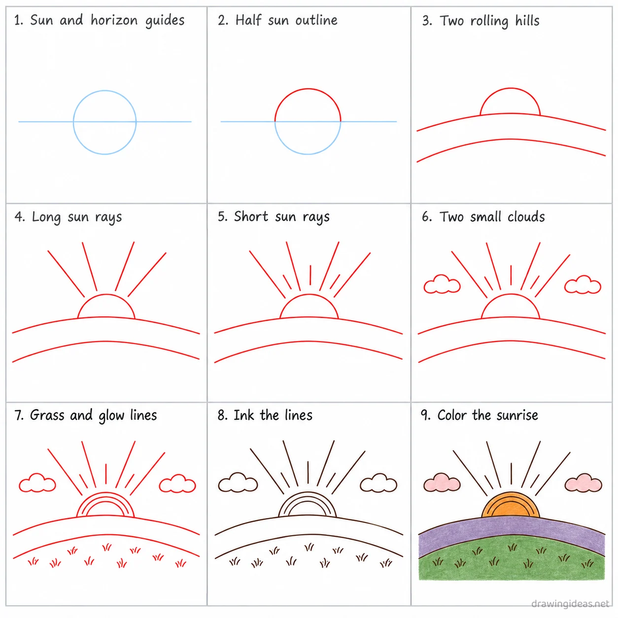 How to draw a sunrise step by step — 9-step sunrise drawing tutorial sheet