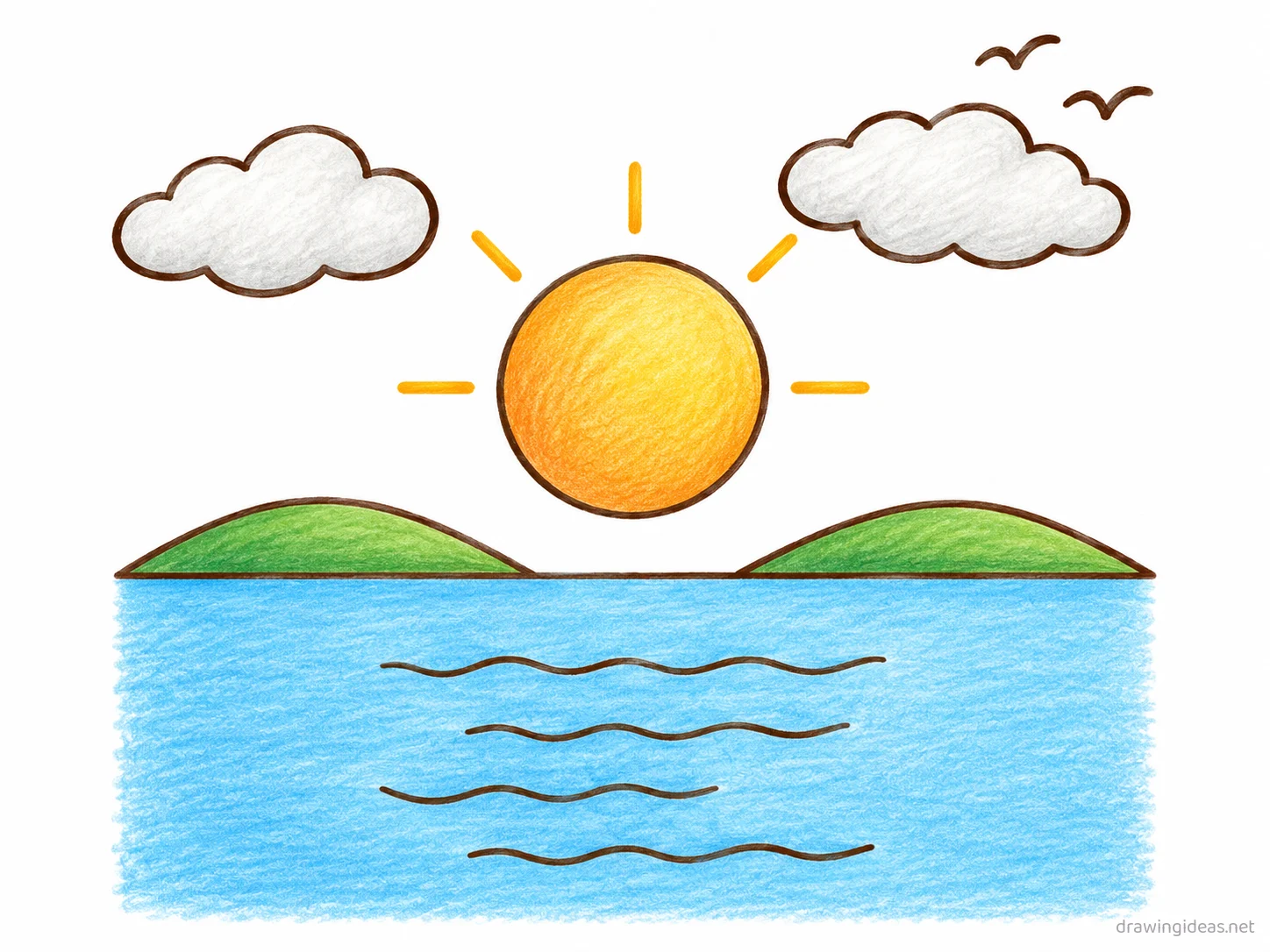 Sunset drawing — hand-drawn sunset illustration with ink lines and soft colors