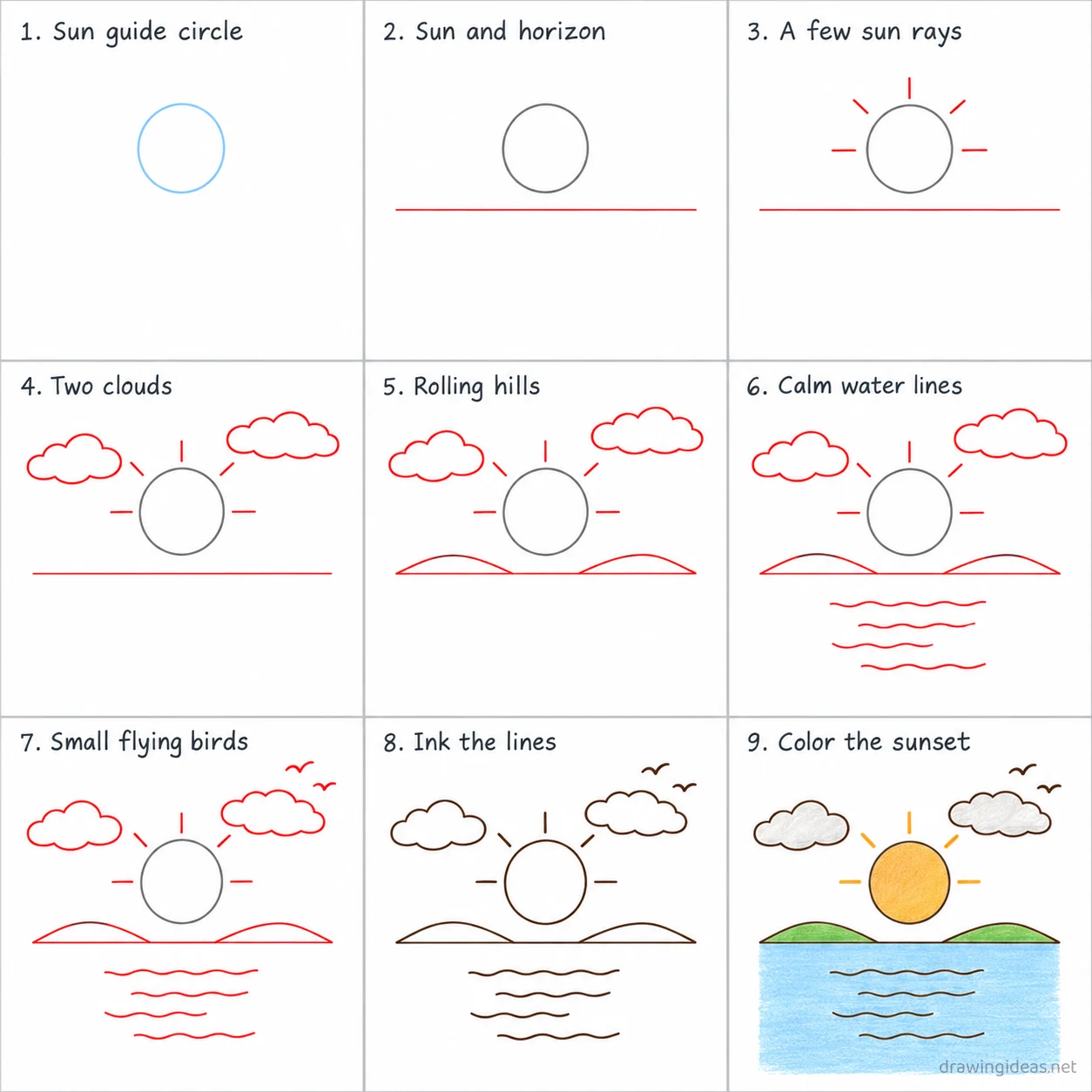 How to draw a sunset step by step — 9-step sunset drawing tutorial sheet