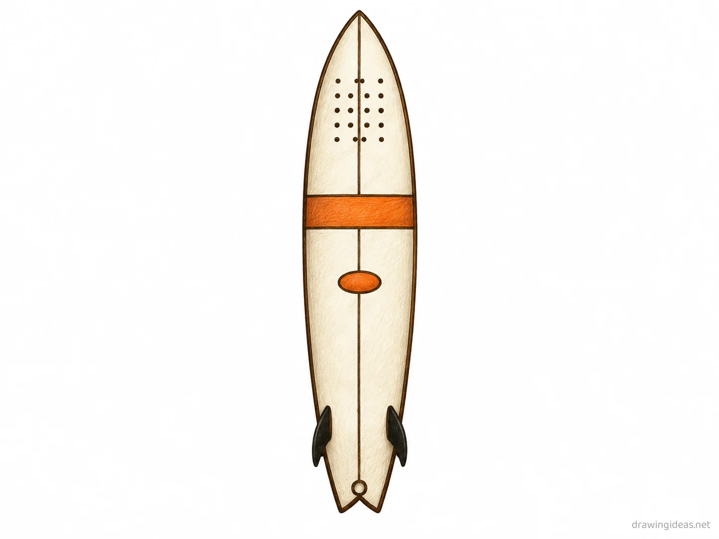 Surfboard drawing — hand-drawn surfboard illustration with ink lines and soft colors