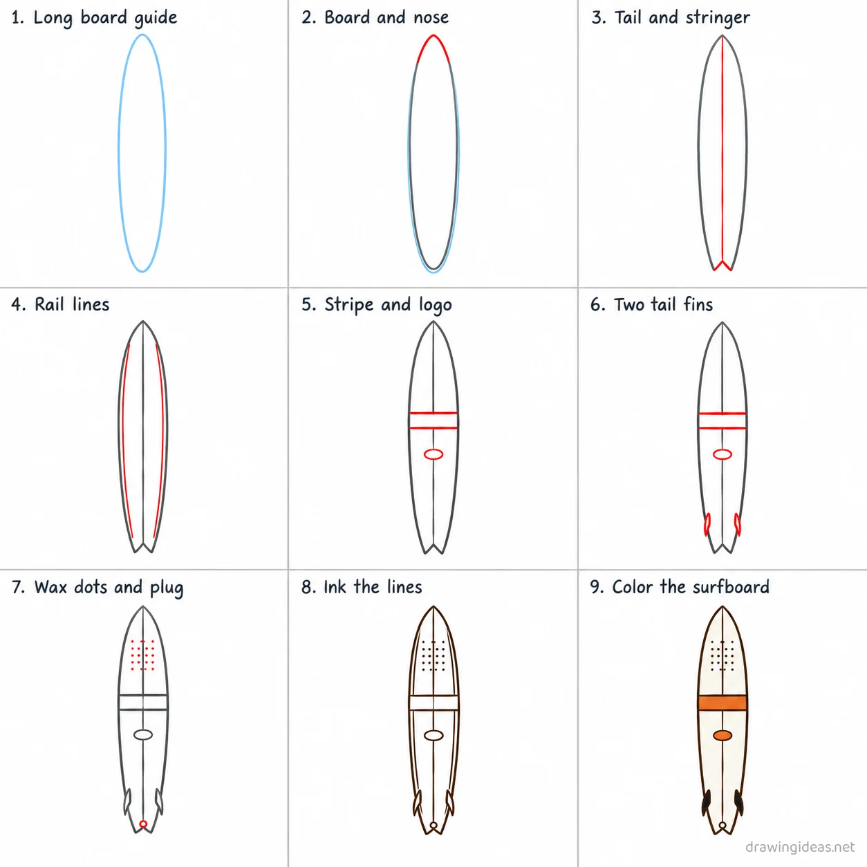 How to draw a surfboard step by step — 9-step surfboard drawing tutorial sheet