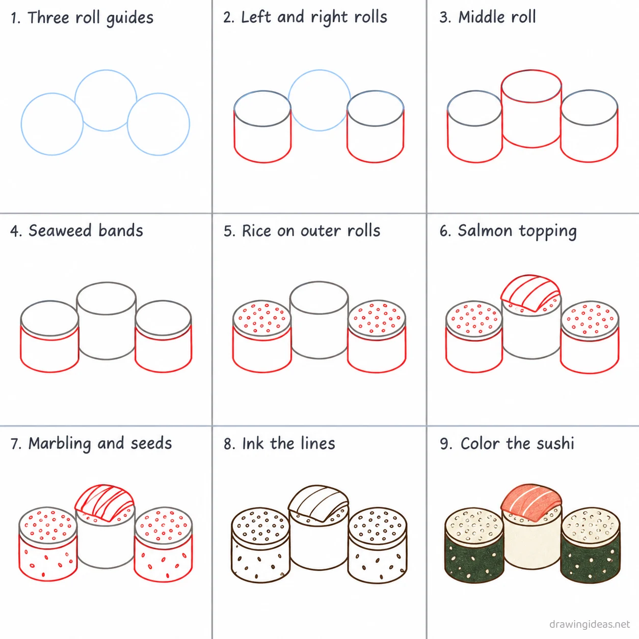 How to draw sushi step by step — 9-step sushi drawing tutorial sheet
