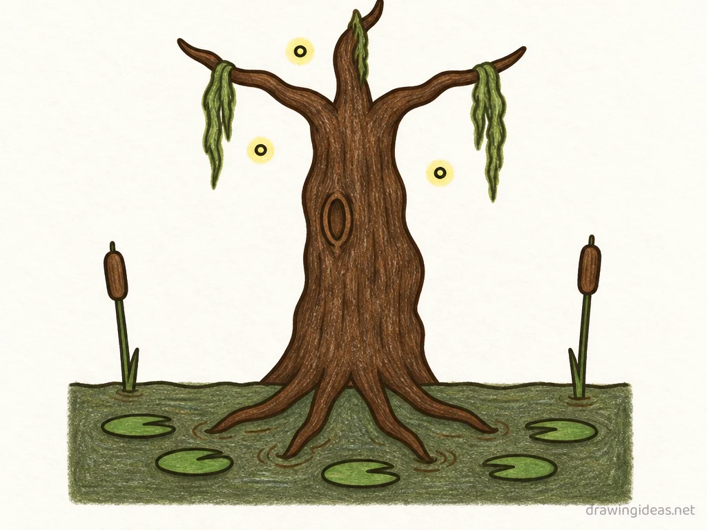 Swamp drawing — hand-drawn swamp illustration with ink lines and soft colors