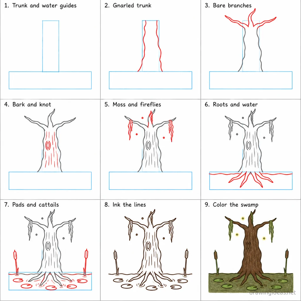 How to draw a swamp step by step — 9-step swamp drawing tutorial sheet