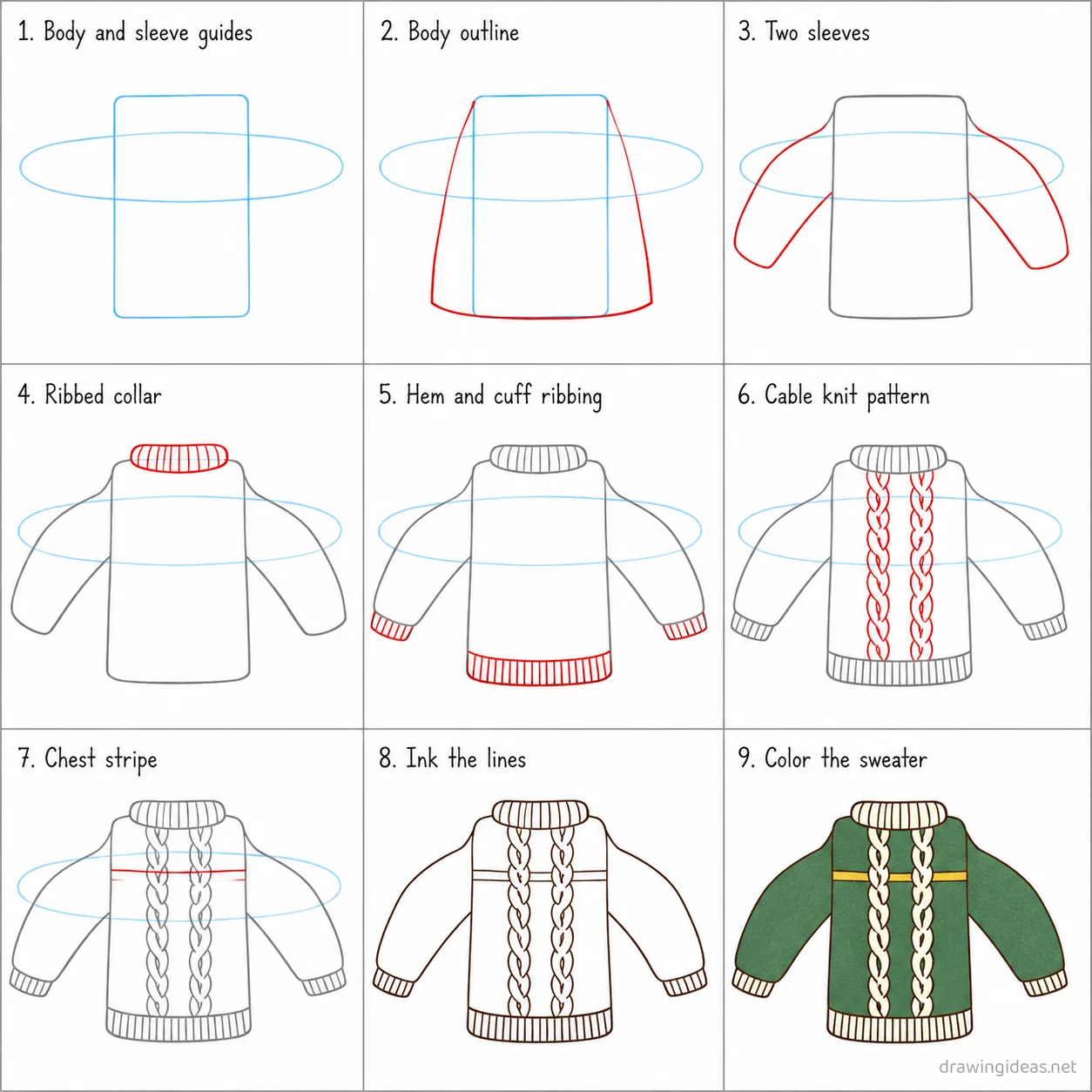 How to draw a sweater step by step — 9-step sweater drawing tutorial sheet