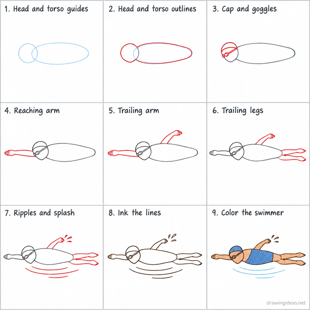 How to draw swimming step by step — 9-step swimming drawing tutorial sheet