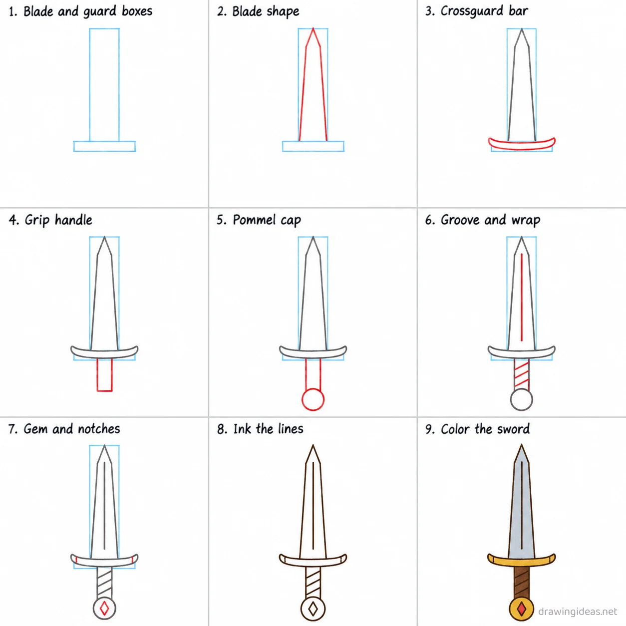 How to draw a sword step by step — 9-step sword drawing tutorial sheet