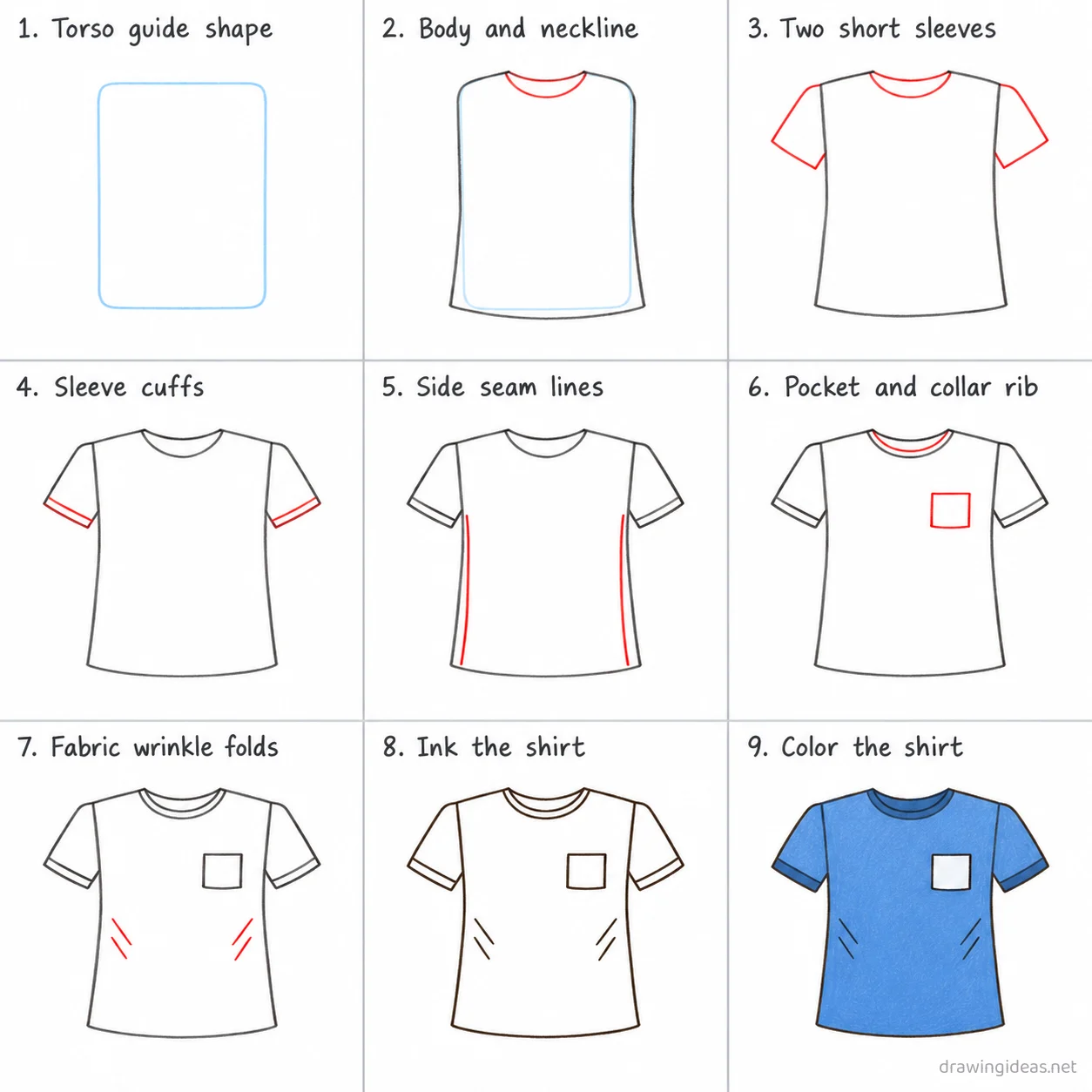 How to draw a t shirt step by step — 9-step t shirt drawing tutorial sheet