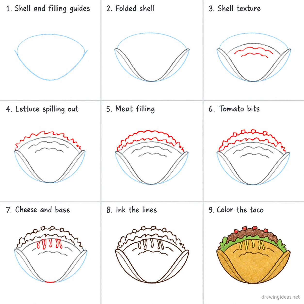 How to draw a taco step by step — 9-step taco drawing tutorial sheet