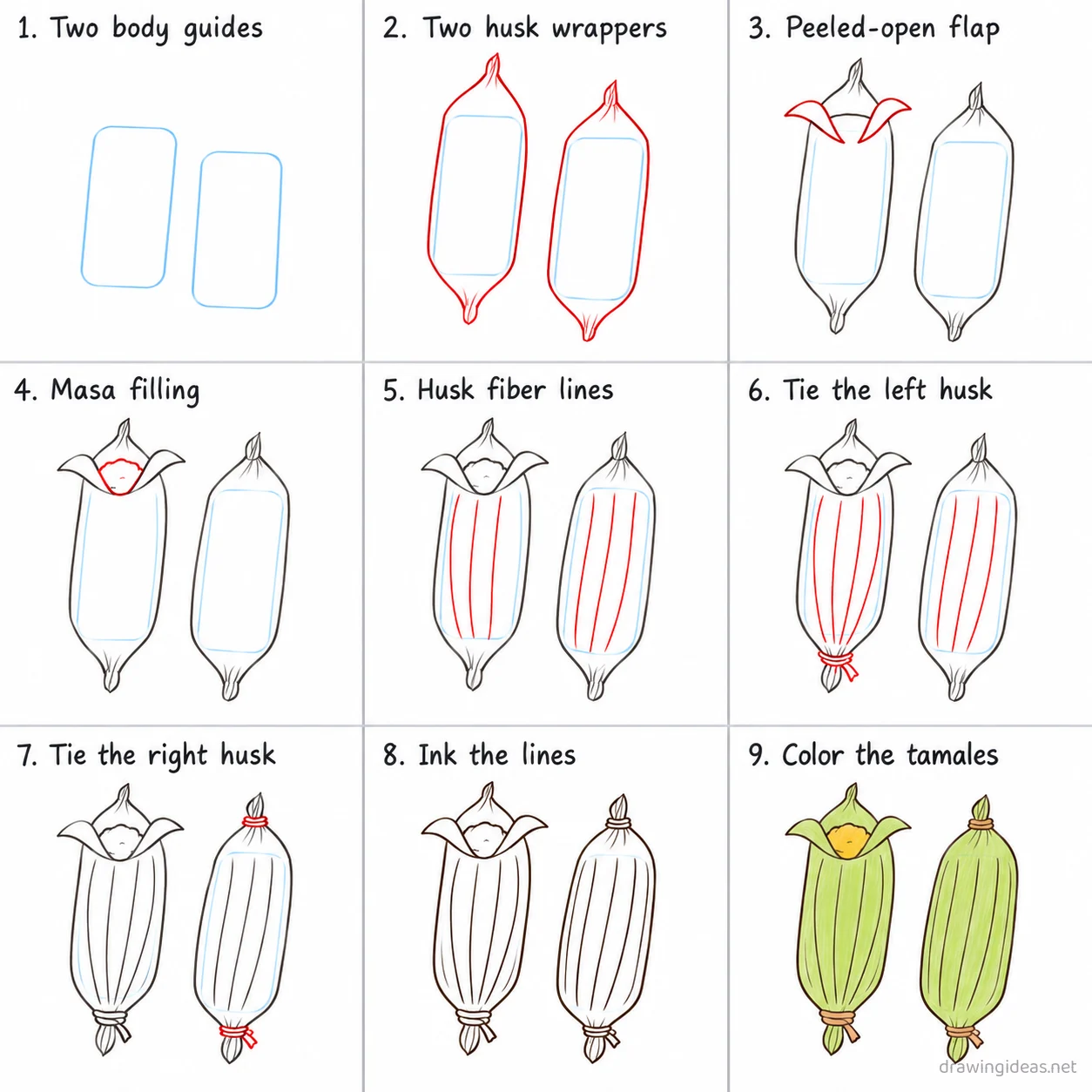 How to draw tamales step by step — 9-step tamales drawing tutorial sheet