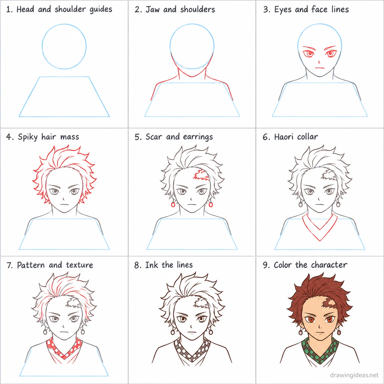 How to draw Tanjiro step by step — 9-step Tanjiro drawing tutorial sheet