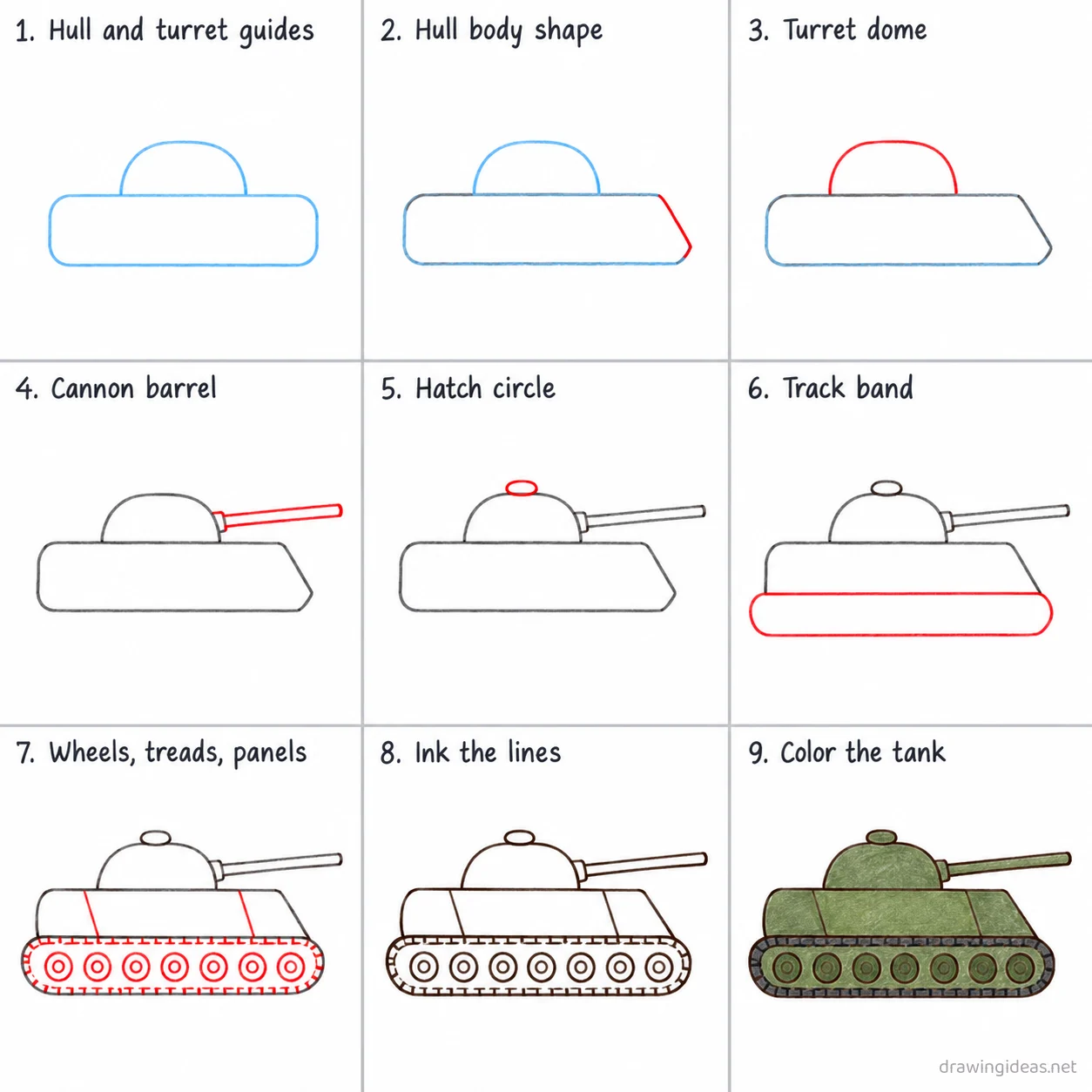 How to draw a tank step by step — 9-step tank drawing tutorial sheet