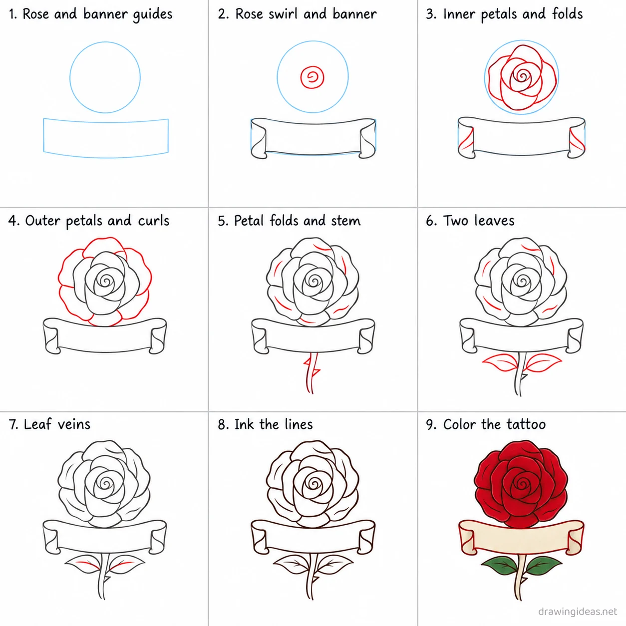 How to draw a tattoo step by step — 9-step tattoo drawing tutorial sheet