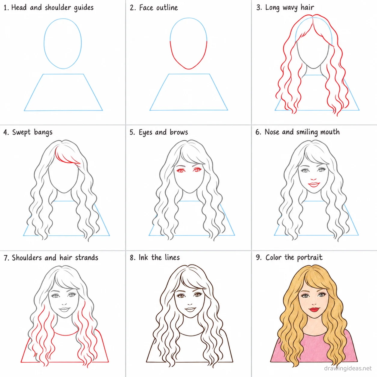 How to draw Taylor Swift step by step — 9-step Taylor Swift drawing tutorial sheet
