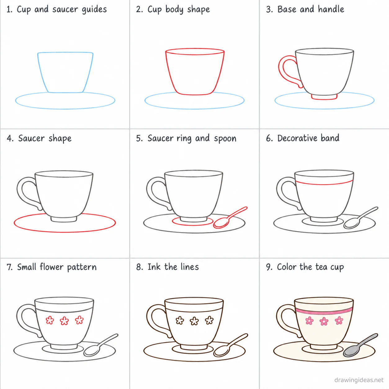 How to draw a tea cup step by step — 9-step tea cup drawing tutorial sheet
