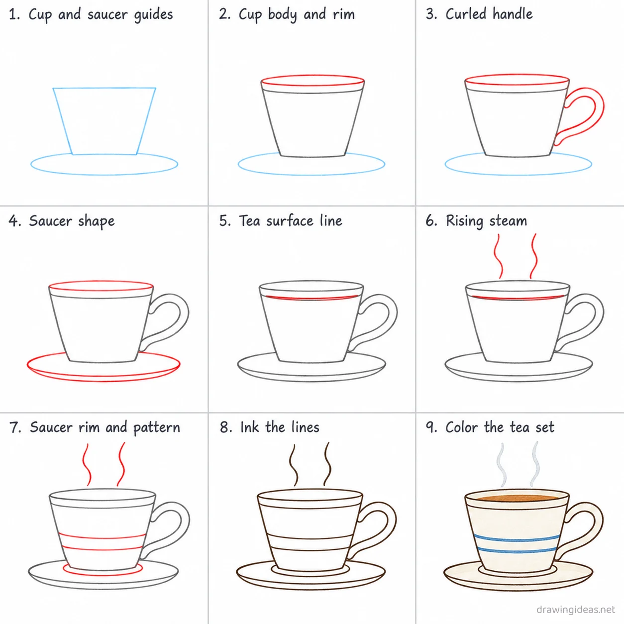 How to draw tea step by step — 9-step tea drawing tutorial sheet
