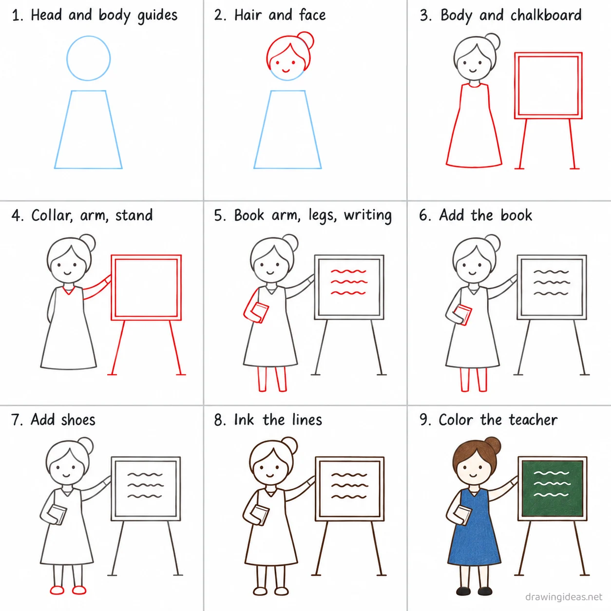 How to draw a teacher step by step — 9-step teacher drawing tutorial sheet