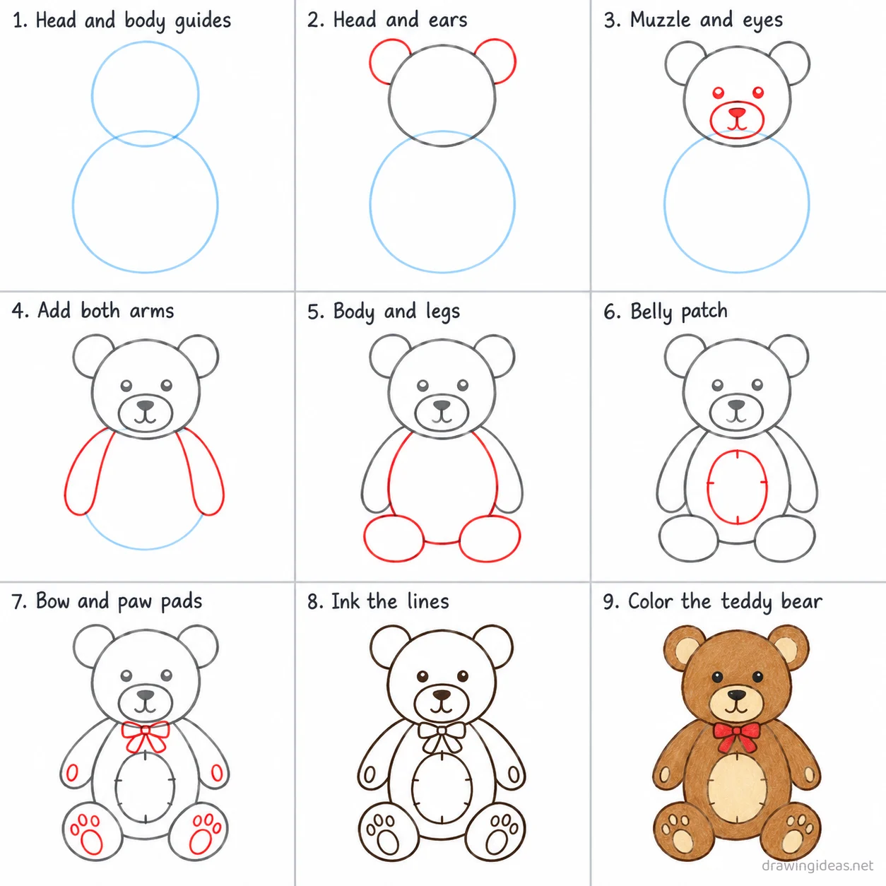 How to draw a teddy bear step by step — 9-step teddy bear drawing tutorial sheet