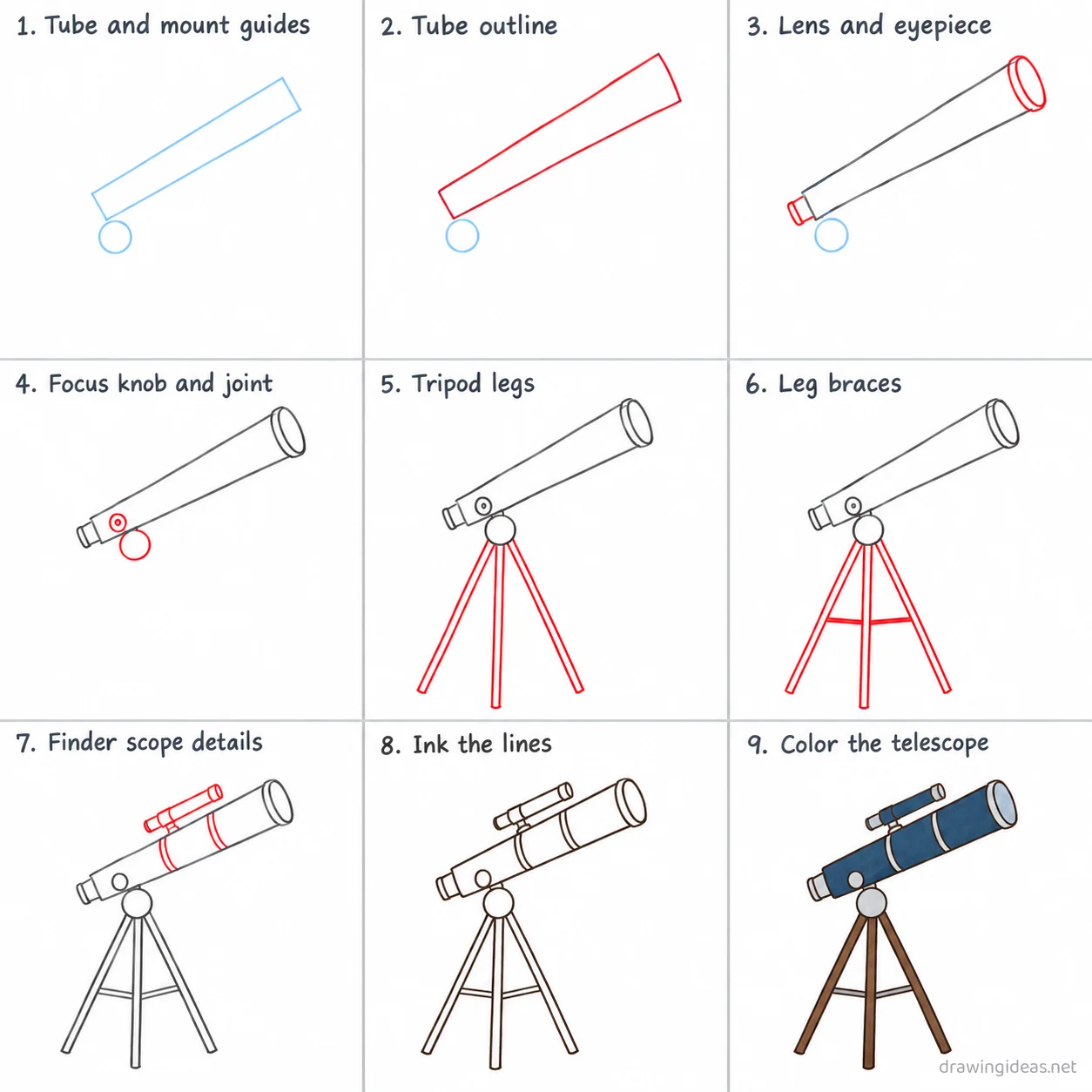 How to draw a telescope step by step — 9-step telescope drawing tutorial sheet