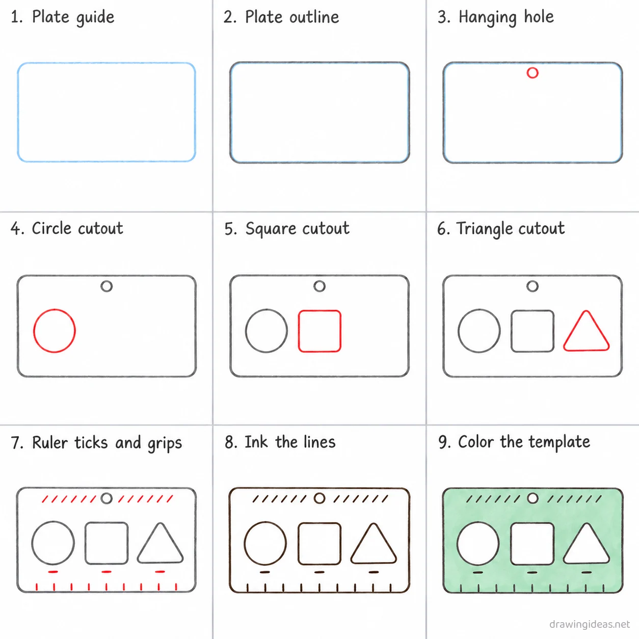 How to draw templates step by step — 9-step templates drawing tutorial sheet