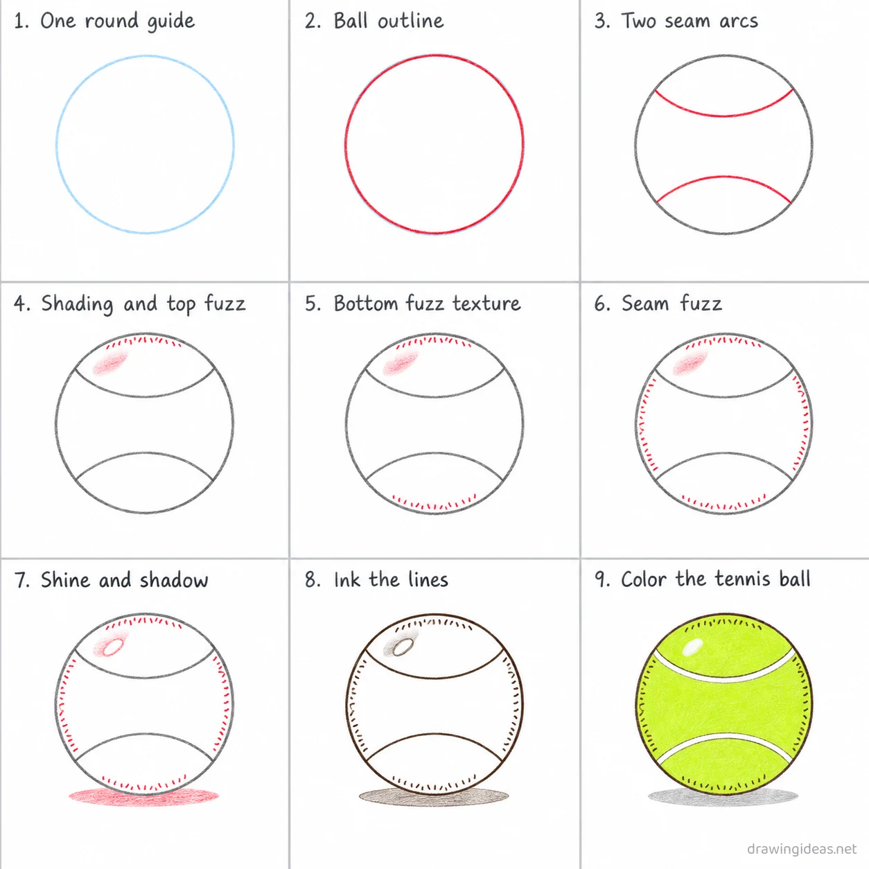 How to draw a tennis ball step by step — 9-step tennis ball drawing tutorial sheet