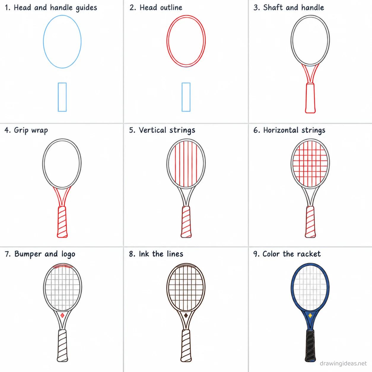 How to draw a tennis racket step by step — 9-step tennis racket drawing tutorial sheet