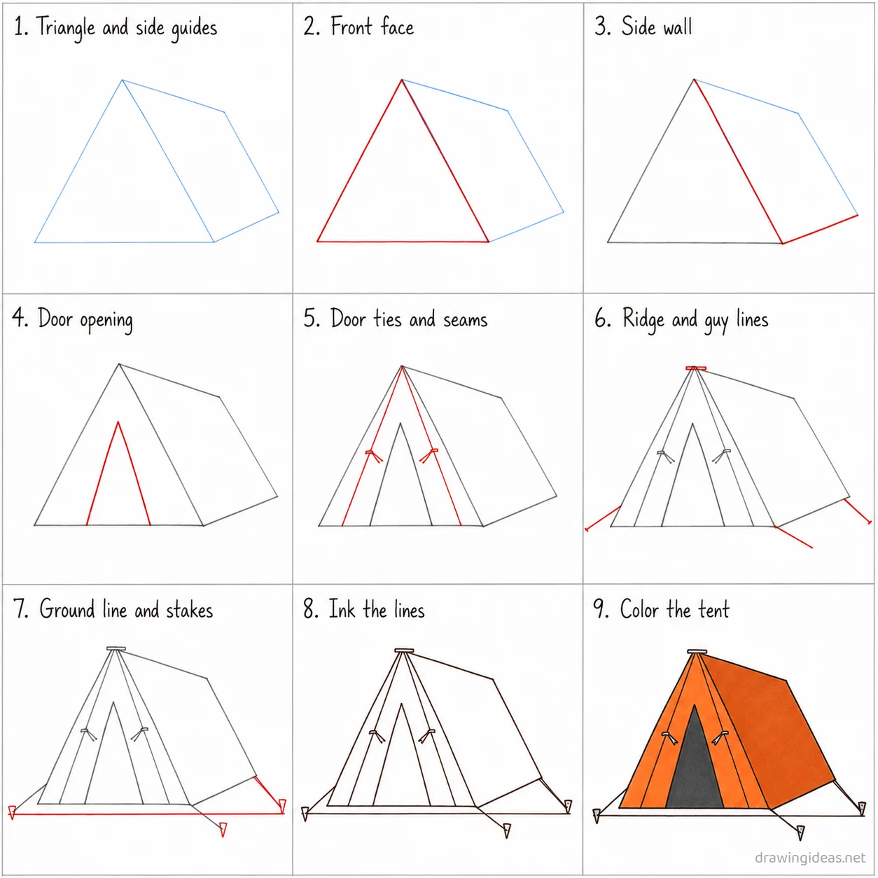 How to draw a tent step by step — 9-step tent drawing tutorial sheet