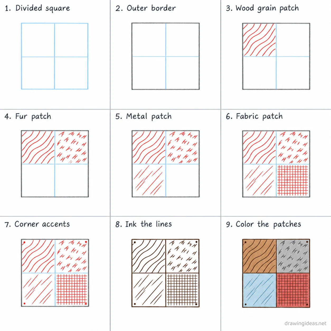 How to draw texture step by step — 9-step texture drawing tutorial sheet