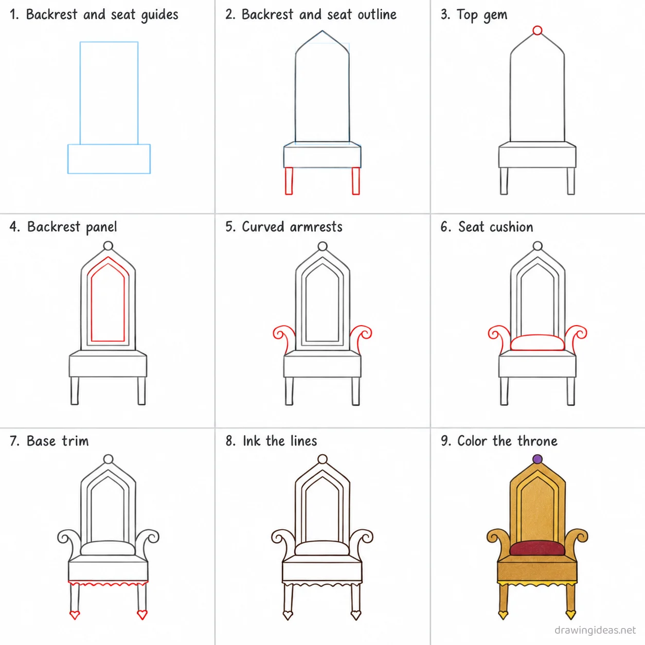 How to draw a throne step by step — 9-step throne drawing tutorial sheet