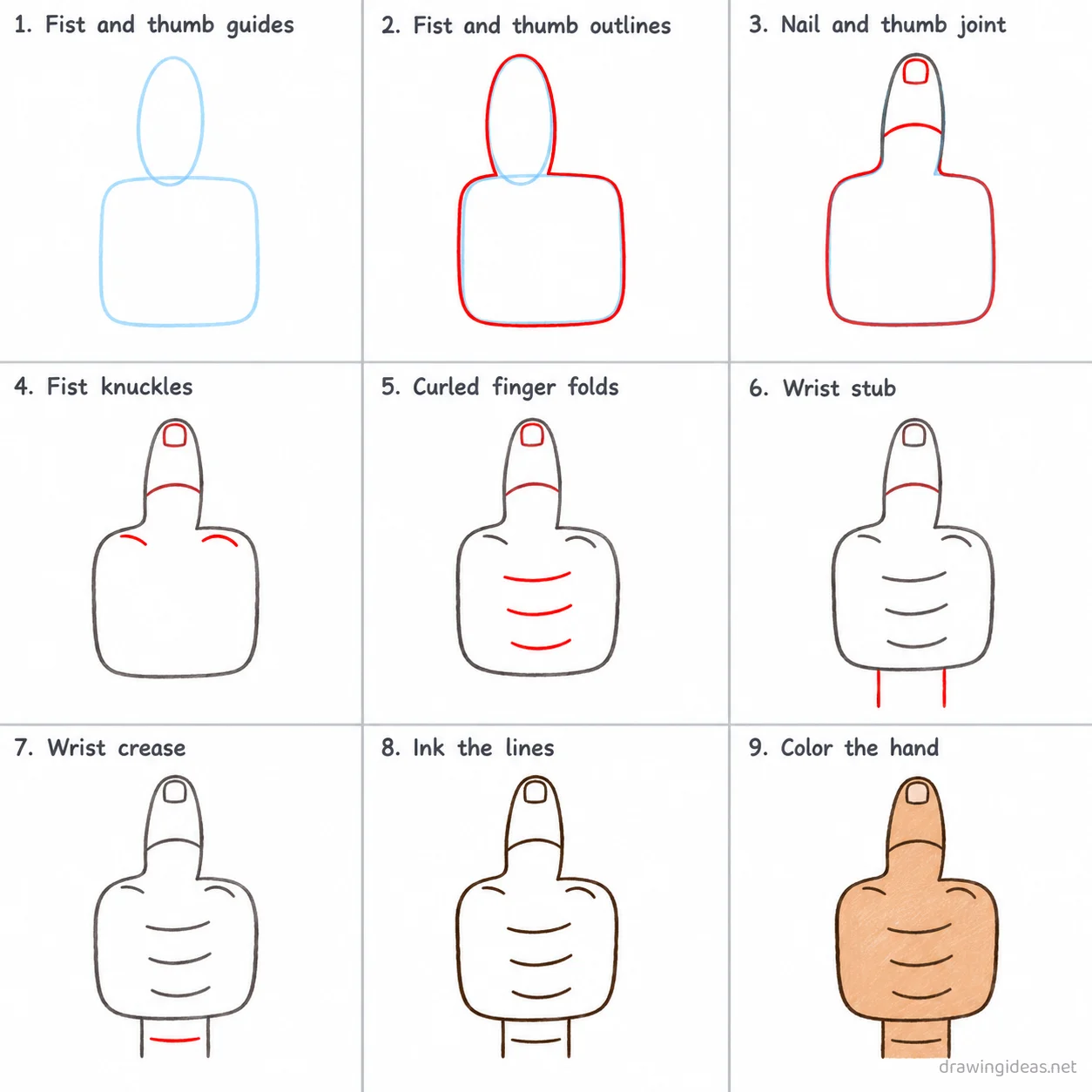 How to draw a thumbs up step by step — 9-step thumbs up drawing tutorial sheet