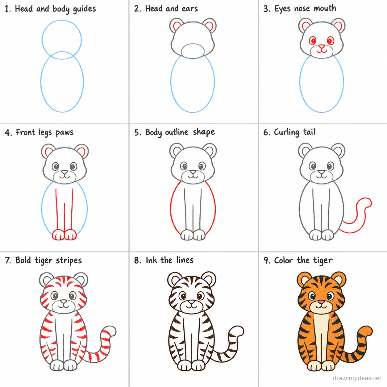 How to draw a tiger step by step — 9-step tiger drawing tutorial sheet