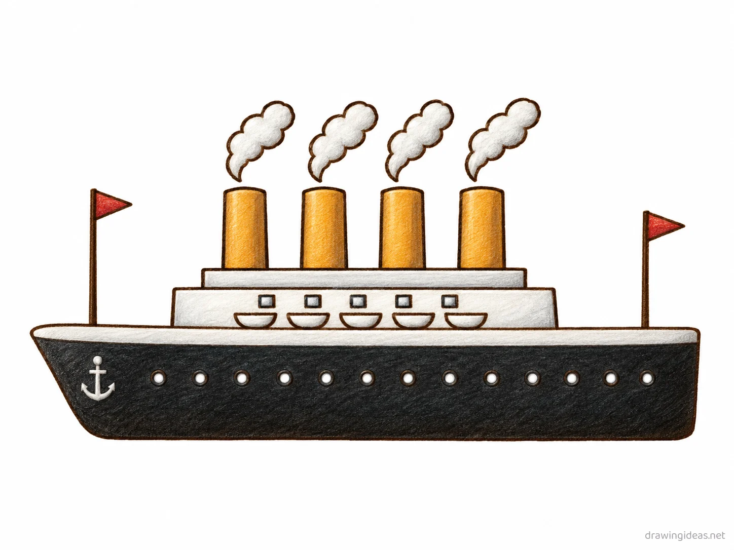 Titanic drawing — hand-drawn Titanic illustration with ink lines and soft colors