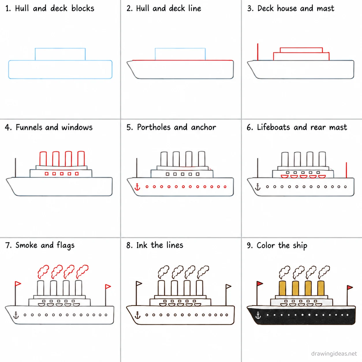 How to draw the Titanic step by step — 9-step Titanic drawing tutorial sheet
