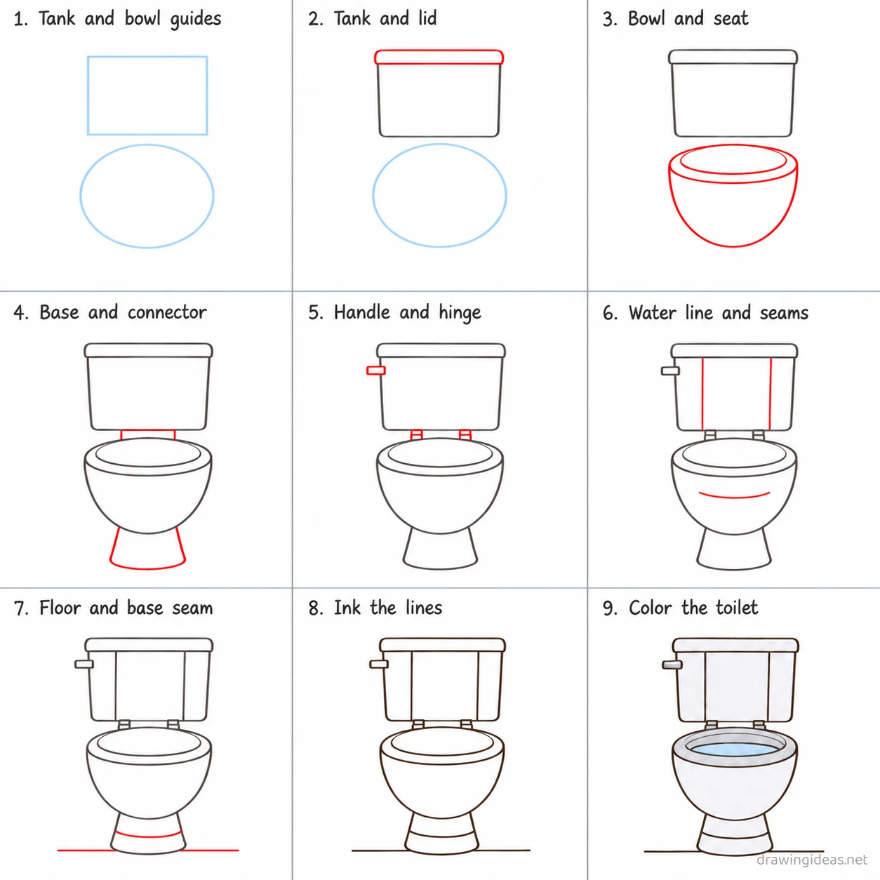 How to draw a toilet step by step — 9-step toilet drawing tutorial sheet