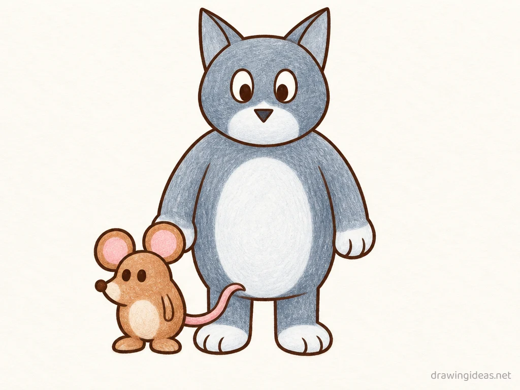 Tom and Jerry drawing — hand-drawn Tom and Jerry illustration with ink lines and soft colors