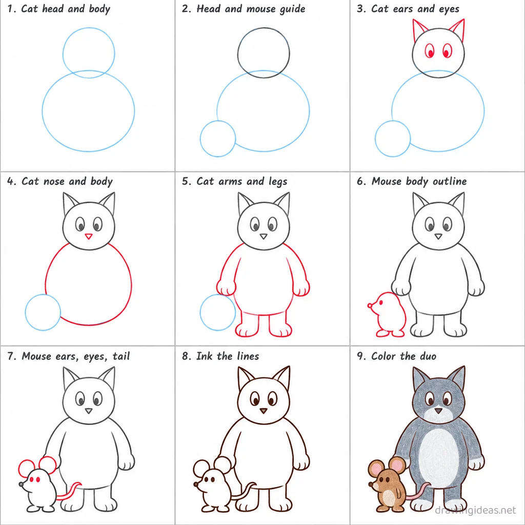 How to draw Tom and Jerry step by step — 9-step Tom and Jerry drawing tutorial sheet