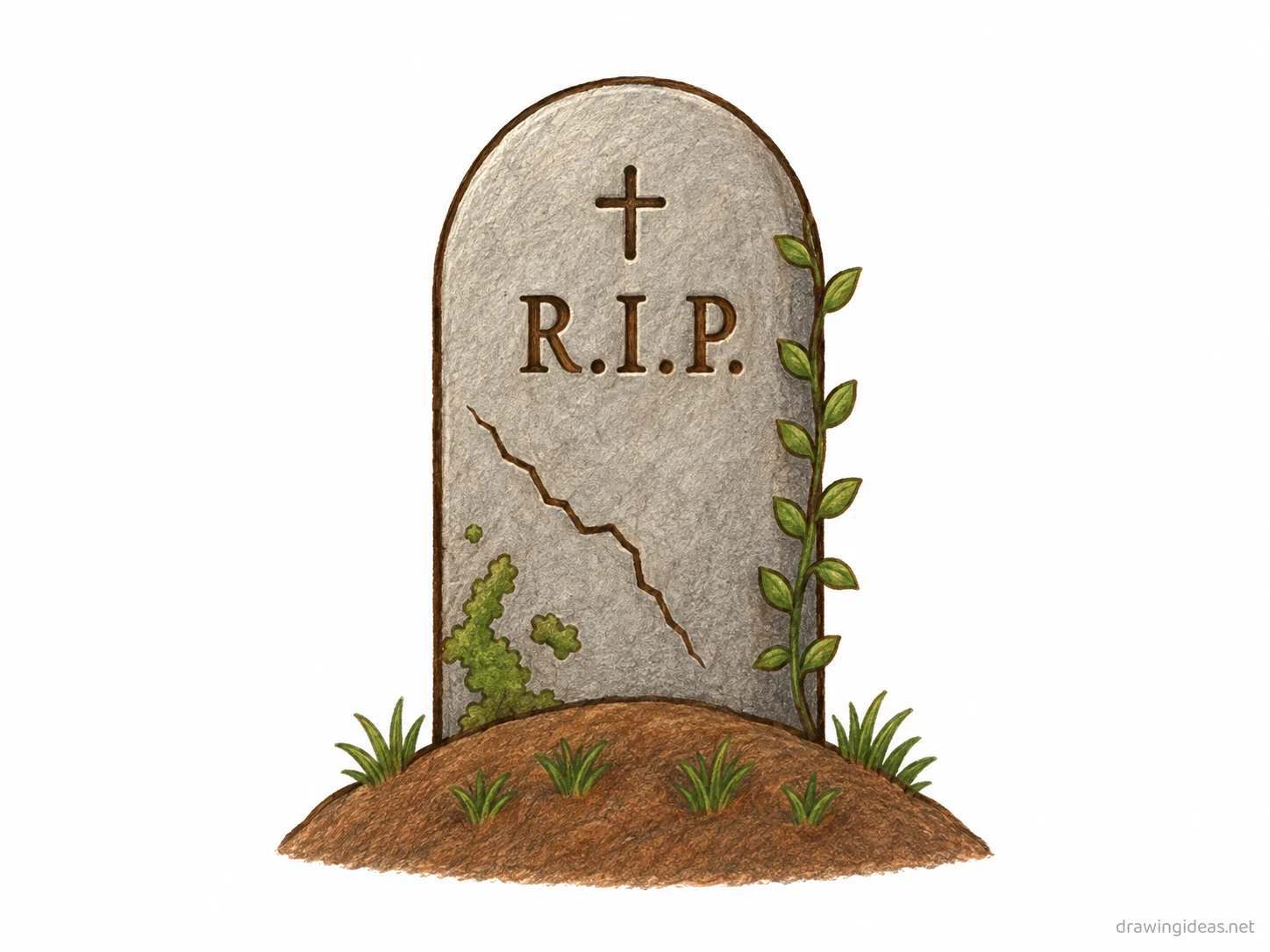 Tombstone drawing — hand-drawn tombstone illustration with ink lines and soft colors