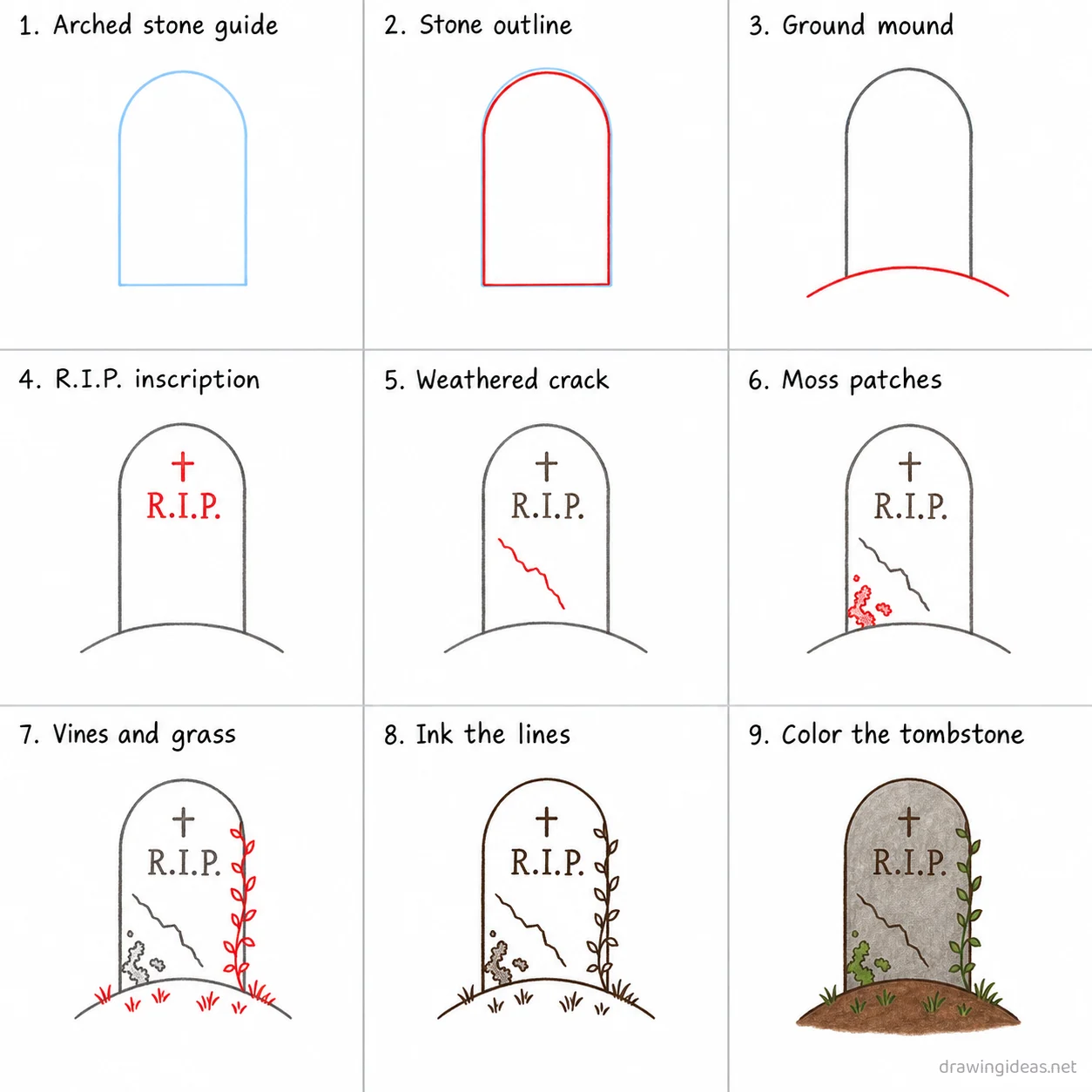 How to draw a tombstone step by step — 9-step tombstone drawing tutorial sheet