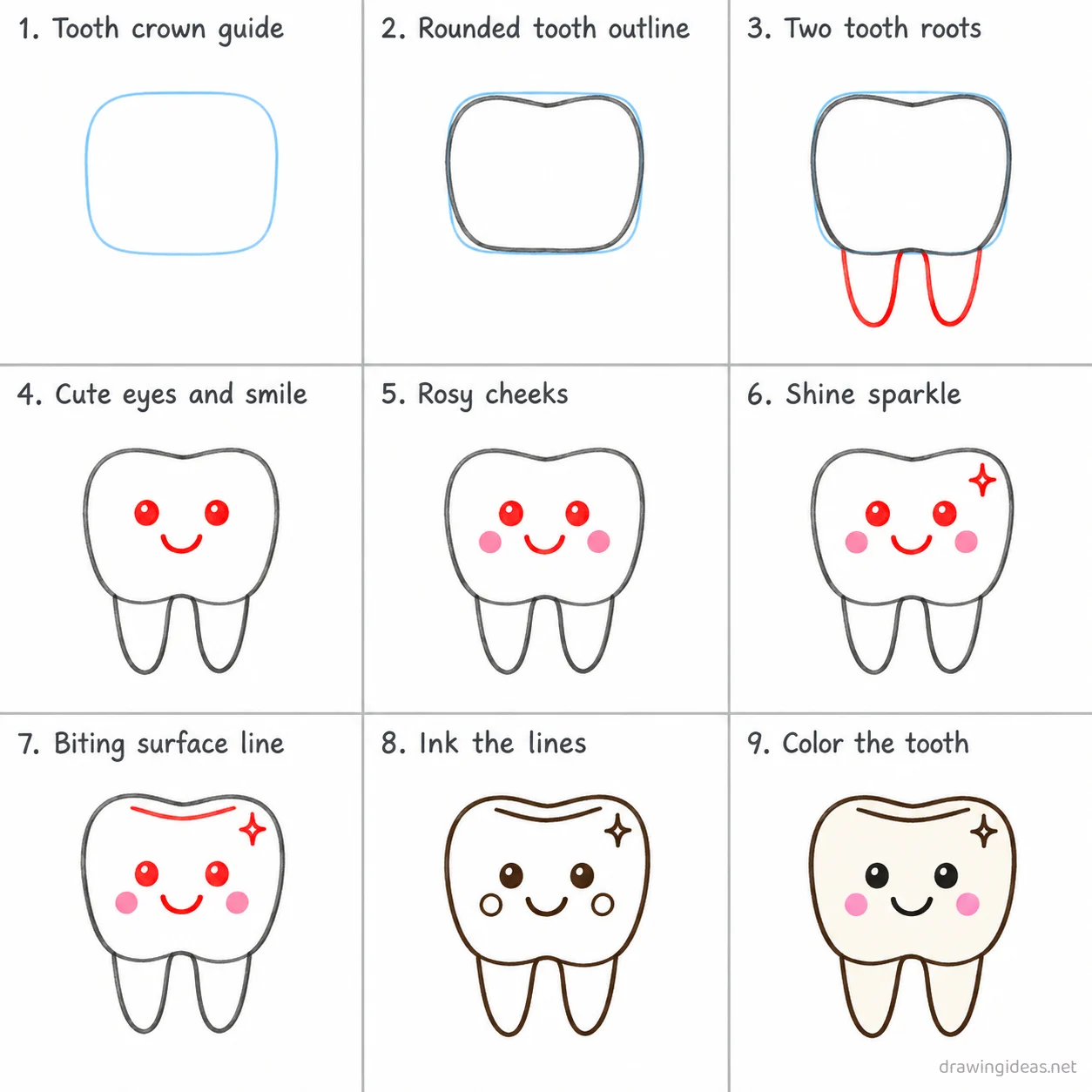 How to draw a tooth step by step — 9-step tooth drawing tutorial sheet
