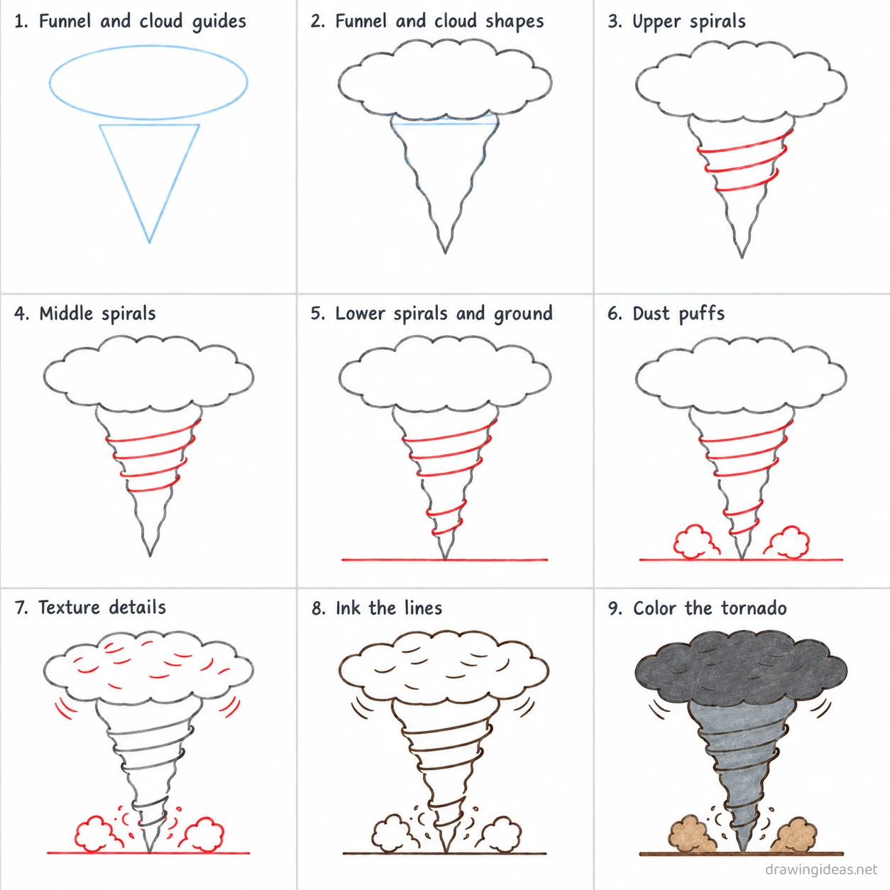 How to draw a tornado step by step — 9-step tornado drawing tutorial sheet