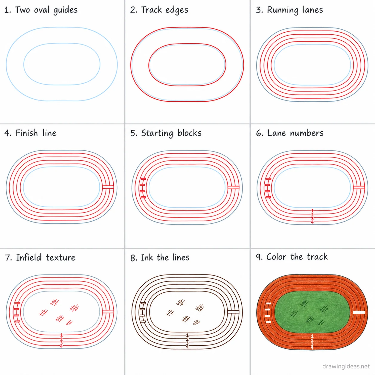 How to draw a track step by step — 9-step track drawing tutorial sheet