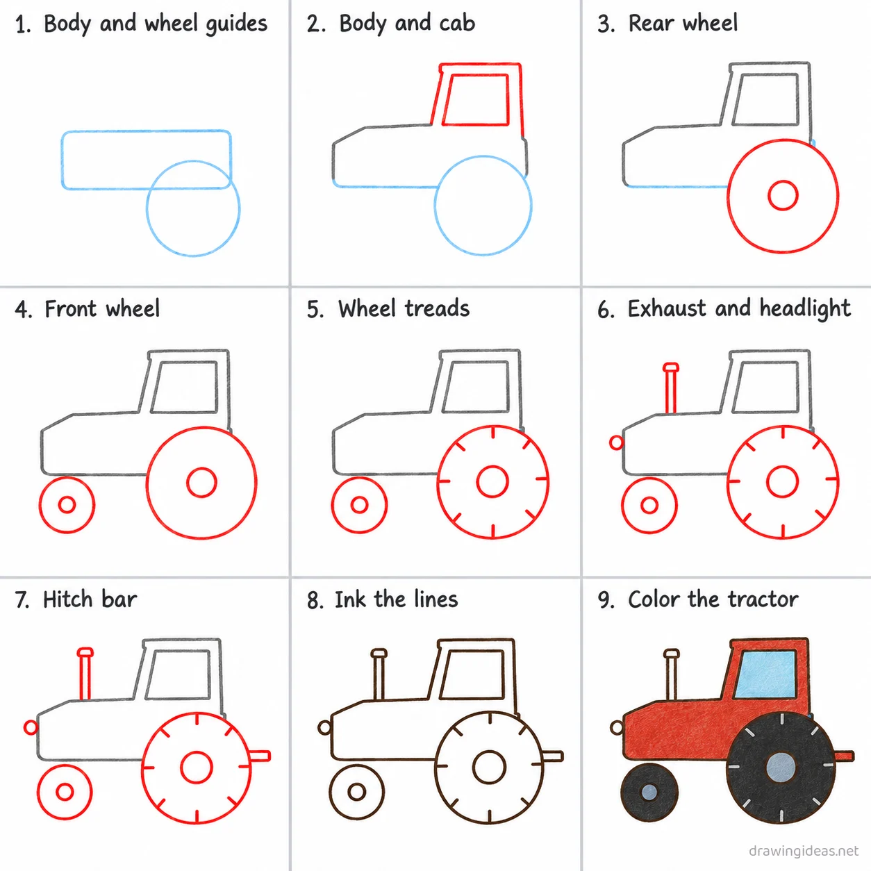 How to draw a tractor step by step — 9-step tractor drawing tutorial sheet