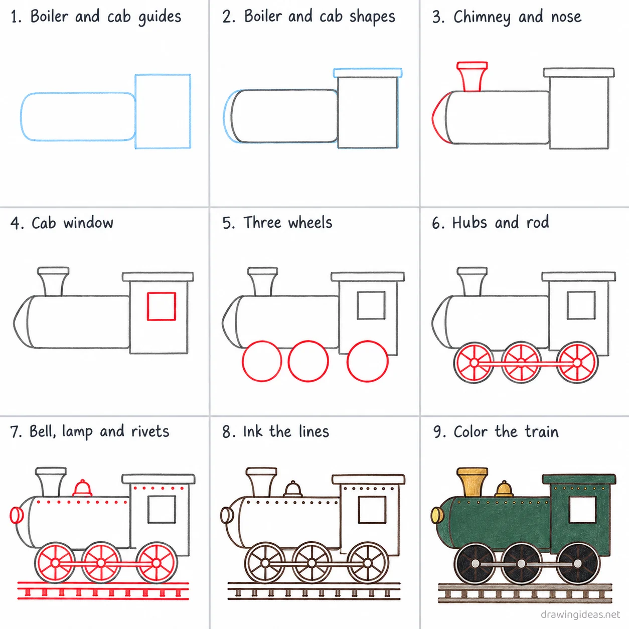 How to draw a train step by step — 9-step train drawing tutorial sheet